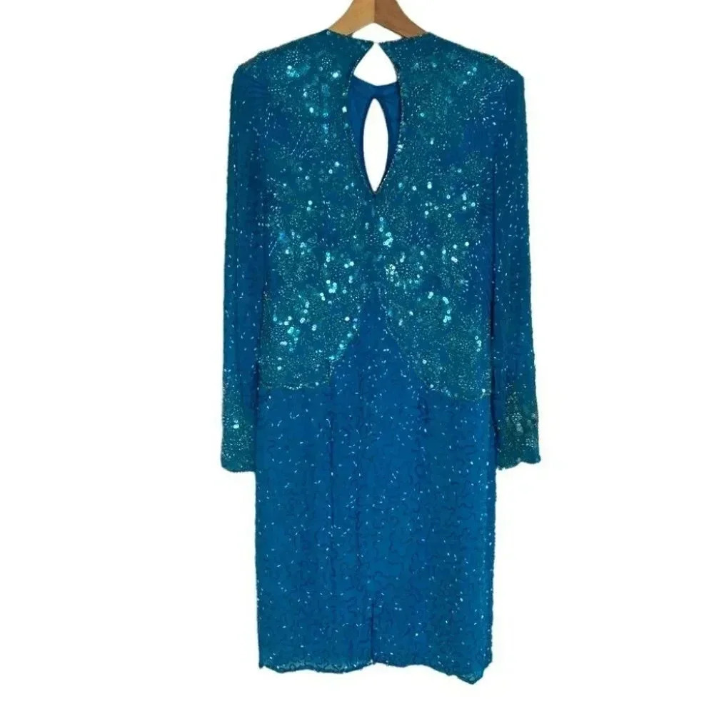Tracy Lynn Evening Dress 12 Blue Silk Hand Beaded Formal Keyhole Long Sleeve